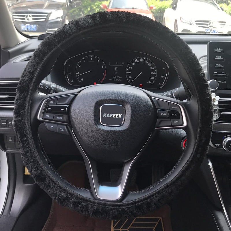 KAFEEK Elastic Long Microfiber Plush Steering Wheel Cover for Winter Warm, Universal 15 inch, Anti-Slip, Odorless, Black - Image 2